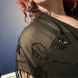 SOLD. Gorgeous Vintage Sheer Black Chiffon Fringed Beaded Wrap Shawl